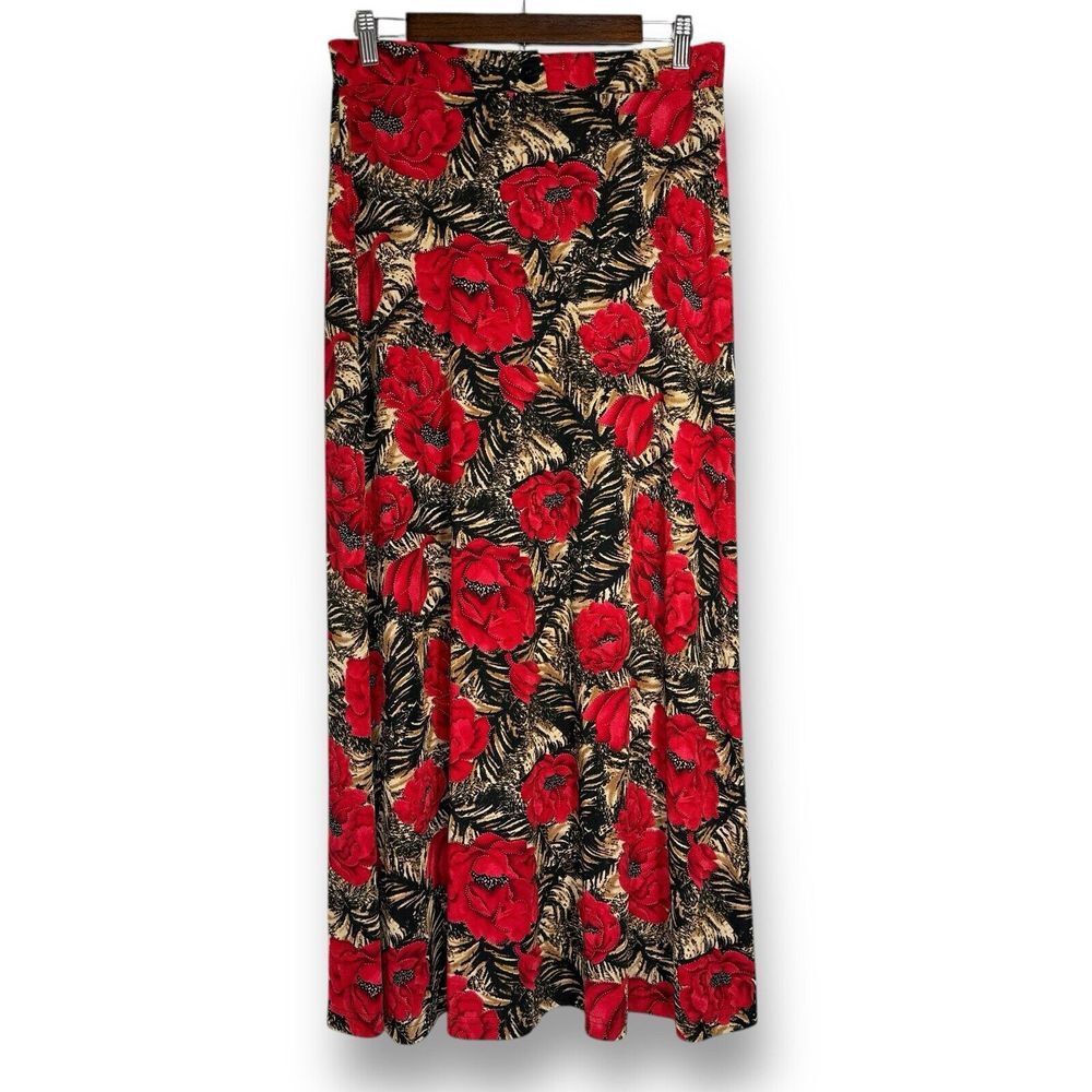 Vintage Y2K Maxi Skirt L Red Floral Tiger Animal Print Slinky Stretch Pull On